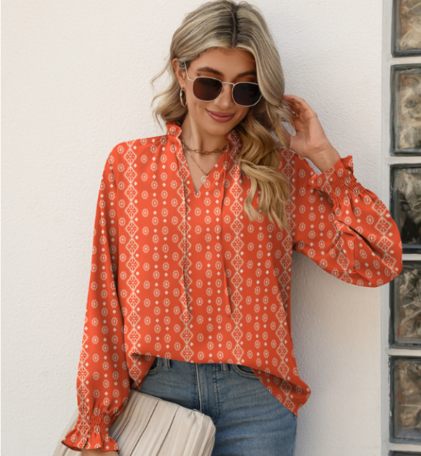 Women's V-neck Lace-up Printed Shirt Top