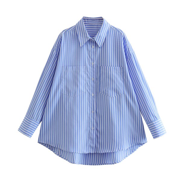 Loose Casual Mid-length Short Front And Long Back Striped Shirt