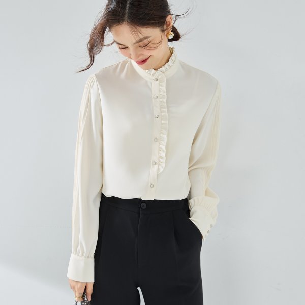 New Elegant French Chiffon Shirt Ruffled Collar Top