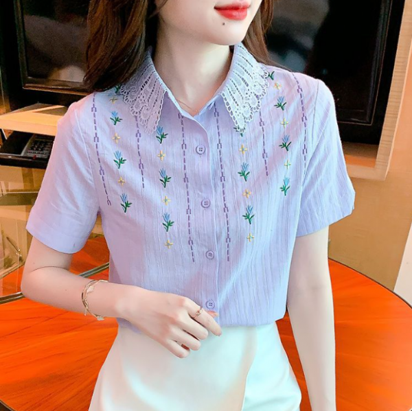 Western Style Cotton Embroidered Short-sleeved Purple Top