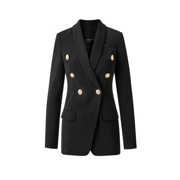 Double Breasted Pure Black Waist Slim-fit Commute Blazer Collar Coat